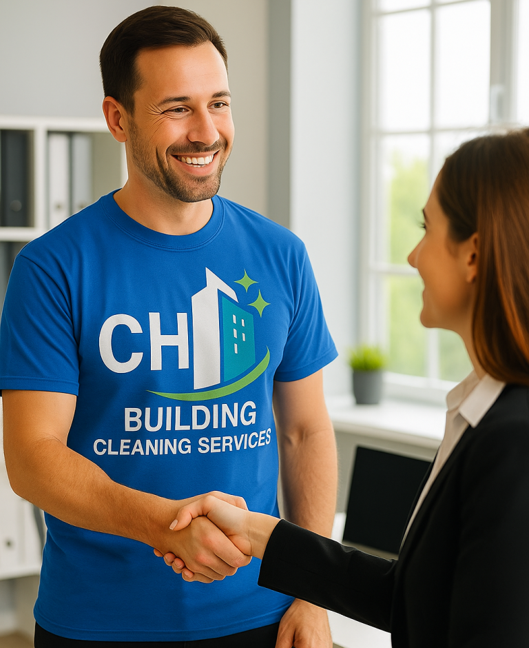 Professionelle Partner für saubere Lösungen Mann in blauer T-Shirt schüttelt einer Frau die Hand, lächelnd, im Büro.