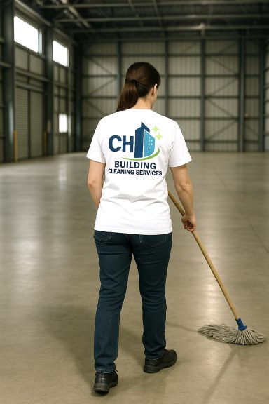 Innen- u. Unterhaltsreinigung Person in weißem T-Shirt mit Logo, fegt den Boden in einer großen Halle.