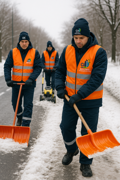 Winterdienst Drei Männer in orangefarbenen Warnwesten schaufeln Schnee auf einer Straße.
