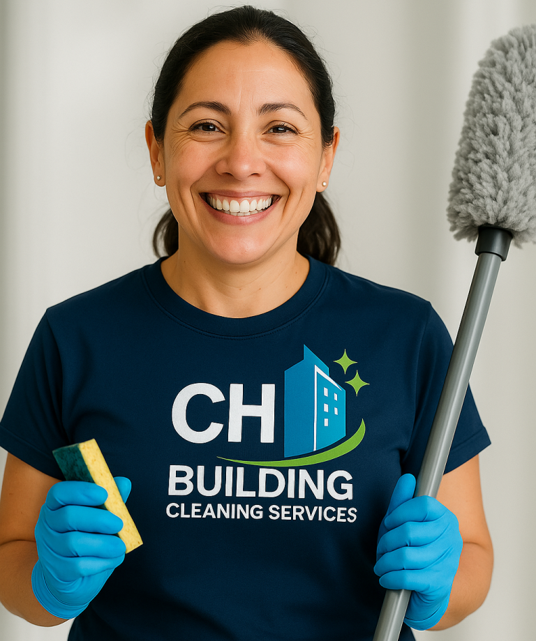 Unsere Profis rund um Reinigung Frau mit Reinigungsgeräten und Handschuhen, trägt T-Shirt mit „CH Building Cleaning Services“.