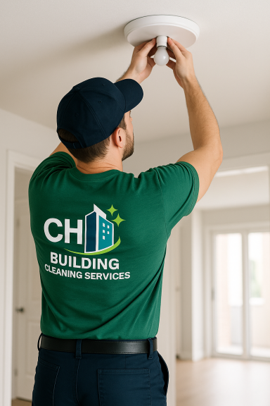 Hausmeisterdienst Ein Handwerker installiert eine Deckenleuchte in einem modernen Raum.